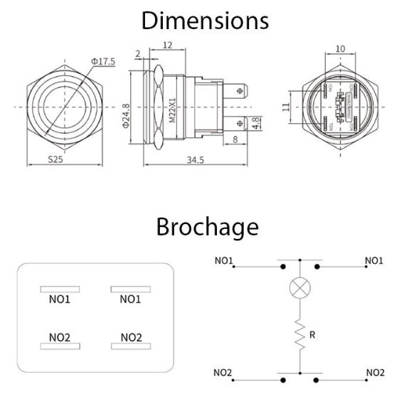  Bouton-poussoir bipolaire  IP67 BT22C-M-R